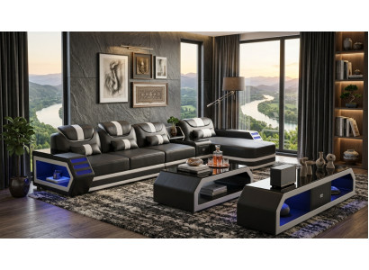 Modern Ecksofa L-Form Couchtisch Schwarz LED Sofa Set Couch TV-Möbel