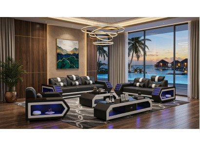 Sofa Set 3+2+1 Modern Schwarz Premium LED Couchtisch Luxus Exklusiv