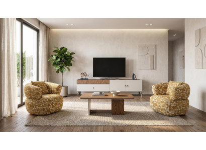 Sessel Set 1+1 Sitzer TV-Möbel Couchtisch Beige Muster Modern Polster