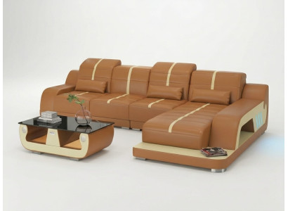 Modern Ecksofa L-Form Couchtisch Braun LED Sofa Set Couch Elegant