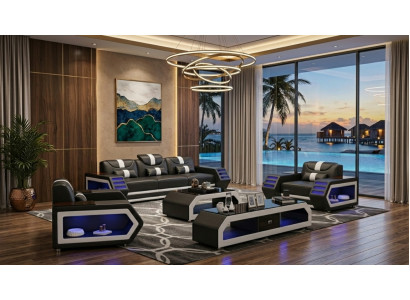 Sofa Set 3+1+1 Modern Schwarz Weiß Premium LED Couchtisch Komfort