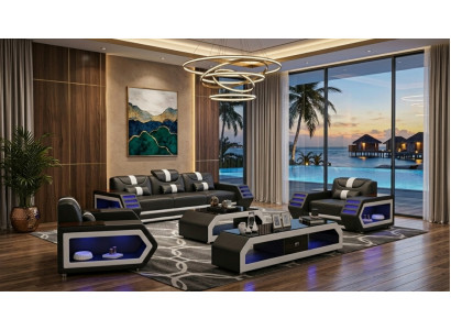 Sofa Set 3+1+1 Modern Schwarz Weiß Premium LED Couchtisch Komfort