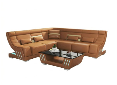 Modern Ecksofa L-Form Couchtisch Braun LED Sofa Set Couch Elegant