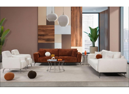 Moderne Weiß-Braune Sofagarnitur Edle 3-Sitzer Sofas Polstersessel