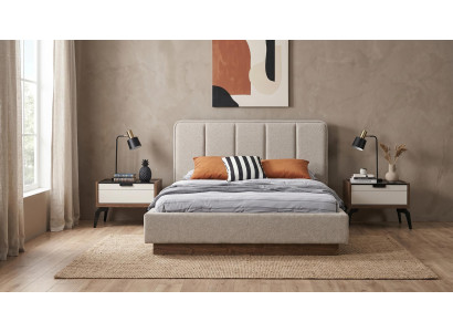 Schlafzimmer Set Modern Beige Polsterbett Nachtische(2x) Elegantes bequem