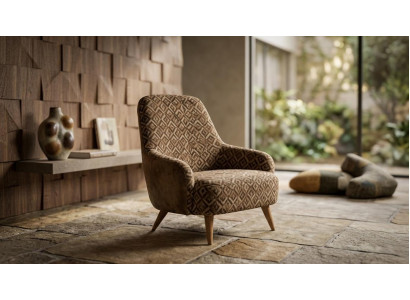 Gemusterter Designer Sessel Braun Beige Modern Holzfuße Wohnzimmer Sessel