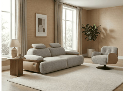 Braun-Graue Textilgarnitur Stoffsofa Designer Polstersessel 2tlg