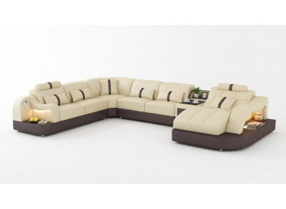 Exklusive Wohnlandschaft U-Form Beige Luxus Ecksofa Sofa LED Premium *
