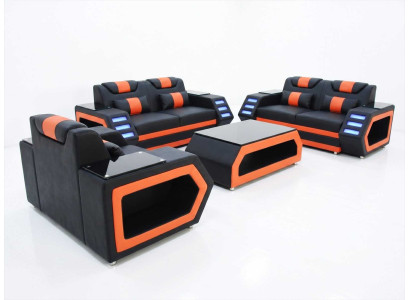 Sofa Set 2+2+1 Sitzer schwarz Kunstleder Polstermöbel moderne Couchtisch *