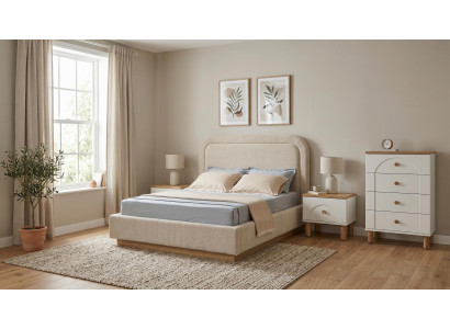 Schlafzimmer Set Stilvolles Bett Nachttische(2x) Kommode Weiß Scandi