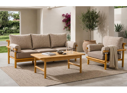 Gartenlounge Set 3-Sitzer Sofa Sessel Grau Couchtisch Holz Neu