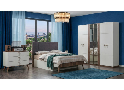 Schlafzimmer-Set Schrank Bett Kopfteil Kommode Modern Weiß Holz