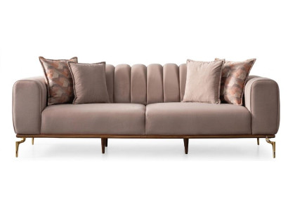 Luxus 3-Sitzer Sofa Samtbezug Beige Elegante Polsterung Goldene Füße