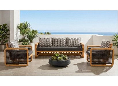 Gartenlounge Set 3-Sitzer Sofa Sessel Schwarz Kissen Modern