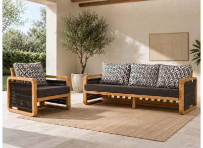 Gartenlounge Set 3-Sitzer Sofa Sessel Schwarz Kissen Modern