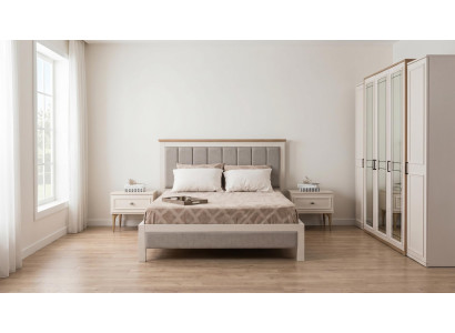 Elegantes Bett Kleiderschrank 5-turiger Schminktisch Creme Set