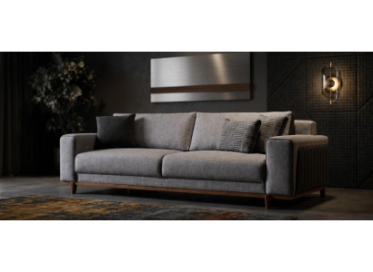 Luxus 3 Sitzer Sofa Grau mit Holzfuessen Modern Komfort