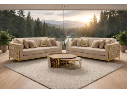 Komfortables Weiss Sofa Set mit Gold Akzent Couchtisch