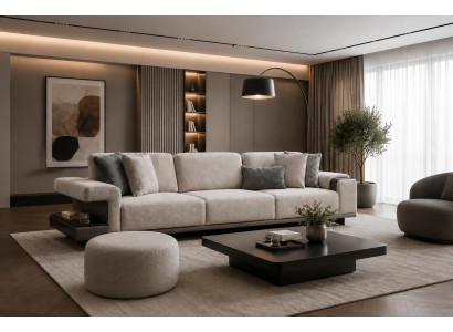 Moderne Beige 3-Sitzer Polstercouch Designer Stoffhocker 2tlg