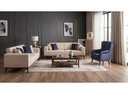 Blau-beiges Wohnzimmer-Set Sofas Stoff Sessel modern