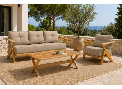 Gartenlounge Set 3-Sitzer Sofa Sessel Beige Couchtisch Holz