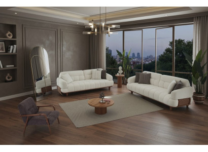 Sofa Set Weiß Grau Modern Holz 3+3+1 Sitzer Sessel Polstergruppe