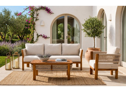 Gartenlounge Set 3-Sitzer sofa Sessel Beige Kissen Couchtisch Holz