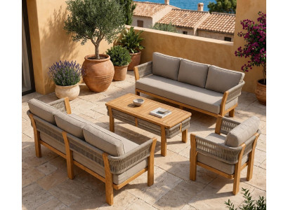 Gartenlounge Set 3-Sitzer sofa Sessel Beige Kissen Elegant Couchtisch