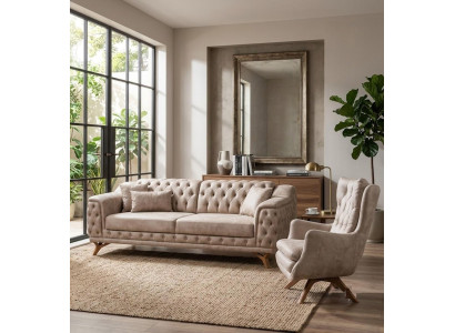 Chesterfield Sitzmöbel Beige Sofa Sessel Leder Holz modernes Ambiente