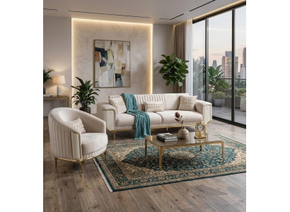 Moderne Sitzgruppe Beige Sofa Sessel Textil Metallgestell Wohnzimmer