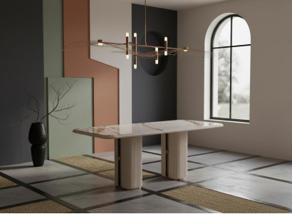 Luxus Moderner Esstisch Beige Holz Doppel Saeulenbeine Design
