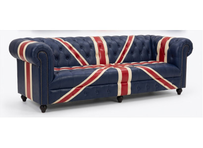 Chesterfield 3 Sitzer Sofa Union Jack Design Dunkelblau Leder Vintage
