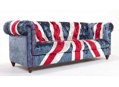 Chesterfield 3 Sitzer Sofa Union Jack Blau Samt Vintage British Retro