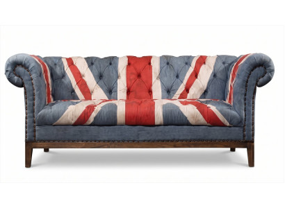 Chesterfield 3-Sitzer Sofa Union Jack Samt Graublau British Vintage
