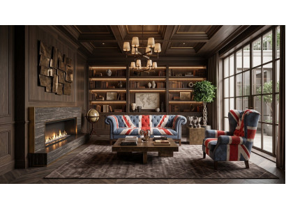 Chesterfield 3-Sitzer Sofa Ohrensessel Union Jack Samt British Vintage