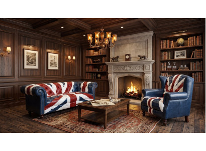 Chesterfield Polstergarnitur 3-Sitzer Sessel Union Jack Leder Vintage