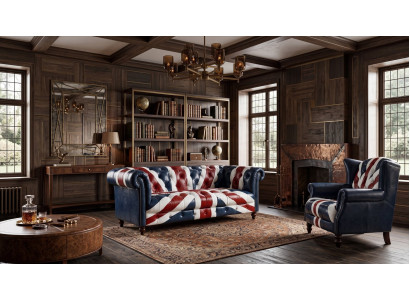 Chesterfield Polstergarnitur 3-Sitzer Sessel Union Jack Leder Vintage