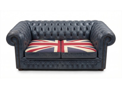 Chesterfield 3-Sitzer Sofa Union Jack Leder Dunkelblau British Vintage