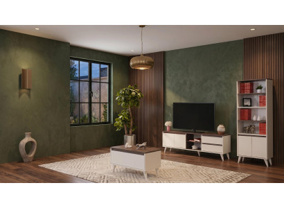 Beige-braunes Wohnzimmer-Set TV-Schrank Couchtisch Bücherregal TV-Ecke
