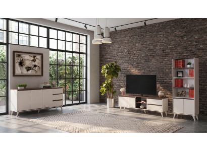 Beige-braunes Wohnzimmer-Set TV-Schrank Konsole Bücherregal modern