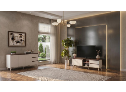 Beige-braunes Wohnzimmer-Set TV-Schrank  Holzkonsole TV-Möbelgarnitur TV-Ecke