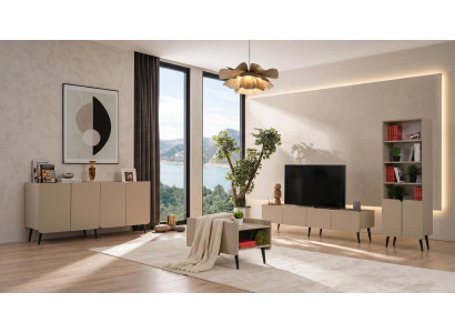 Beiges Wohnzimmer-Set TV-Schrank Couchtisch Konsole Bücherregal TV-Ecke