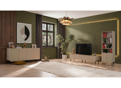 Beiges Wohnzimmer-Set Fernsehschrank stilvolle Konsole Bücherregal TV-Ecke