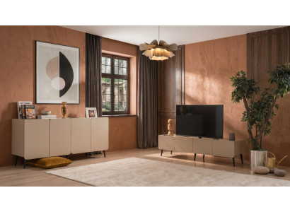 Beiges Wohnzimmer-Set TV-Schrank Holzkonsole TV-Möbel modern TV-Ecke