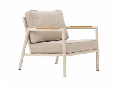 Moderner Loungesessel Beige mit Holzarmlehnen Garten Terrasse