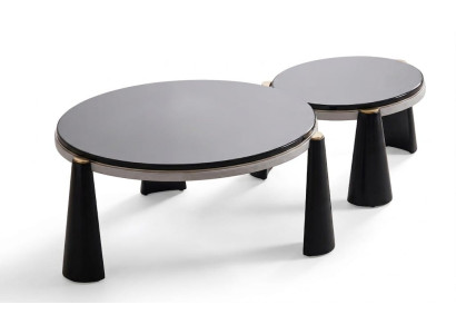 Couchtische Set Schwarz Glas Edelstahl Rund Modern Goldrand Wohnzimmer