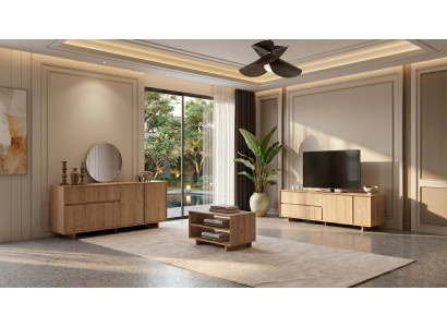 Stilvolles braunes Wohnzimmer-Set TV-Schrank Couchtisch Konsole Spiegel