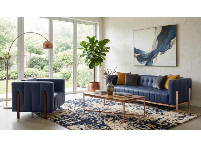 Sofa Sessel Set Kunstleder Blau Modern Elegant Wohnzimmer Polstermöbel