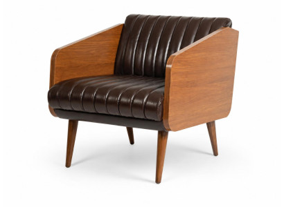 Sessel Braun Kunstleder Holz Armlehnen Mid Century Lounge Polsterstuhl