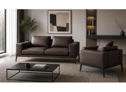 Sofa Sessel Set Kunstleder Braun Metallgestell Modern Elegant Stilvoll